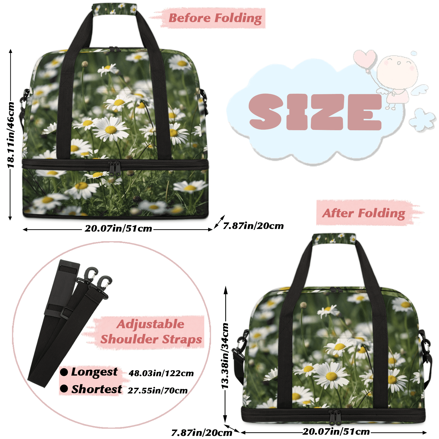 Herdesigns Daisy Foldable Travel Duffle Bag for Women and Men Lightweight Carry On Overnight Bag Floral Gym Luggage Weekender Bags with Shoe Compartment