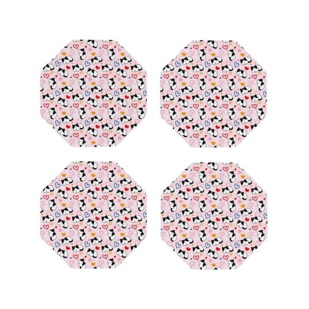 

Lukts Cartoon Cat And Heart Print Leather Drinks Coasters Set of 4 Suitable or Drinks Furniture Protection and Easy Clean up-Octagon