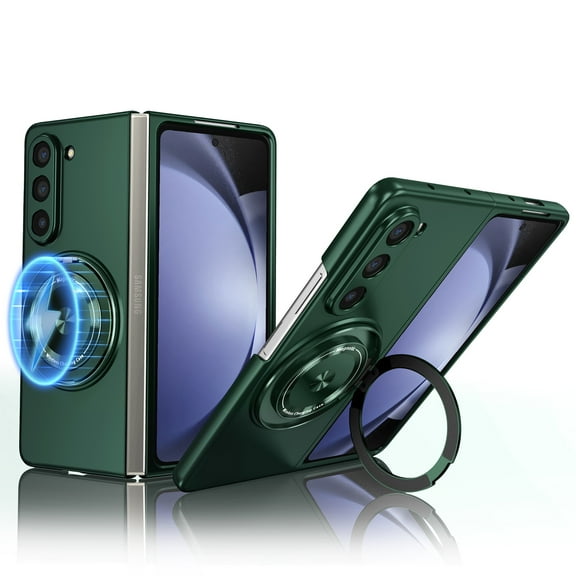 ELEHOLD Rugged for Samsung Galaxy Z Fold 3 Magnetic Case,Compatible with Mag Safe Hard PC Back Cover 360 Rotation Ring Kickstand Shcokproof Anti-Scratch Protective Samsung Z Fold 3 Case,Darkgreen
