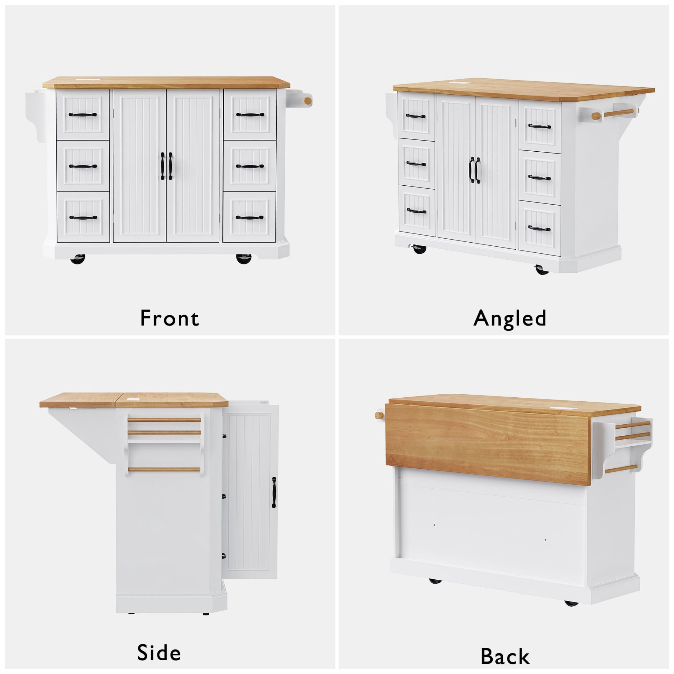 AENKYO 47'' Kitchen Island with Drop Leaf and Power Outlet, Farmhouse Rolling Kitchen Storage Cart with 6 Drawers, White