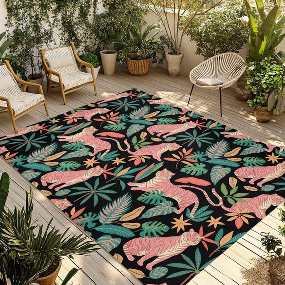 Farmhouse Tiger Outdoor Rug 5x8 Ft - Reversible Patio Rug Outdoor Camping Rugs, Summer Watercolor Animals Palm Trees Washable Indoor Outdoor Area Rugs, Non-Slip Outdoor Carpet Runner for Deck/Porch