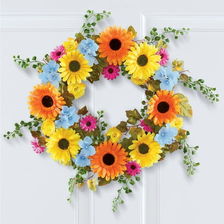 Wreath Greenery Collections Etc Colorful Lush Daisy Wreath with Greenery - Seasonal Window or Door Accent for Any Room in Home ()
