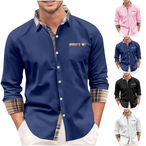 YFNNUP Mens Long Sleeve Dress Shirts Casual Wrinkle Free Plaid Collar Shirt Regular Fit Button Down Tshirts Work Tops Black XXL