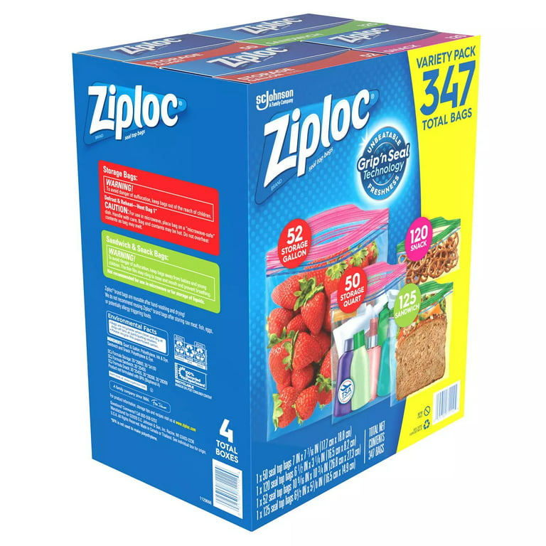  Ziploc Bags 52 Gallon, 50 Quart, 120 Snack, 125 Sandwich (347  Count) : Health & Household