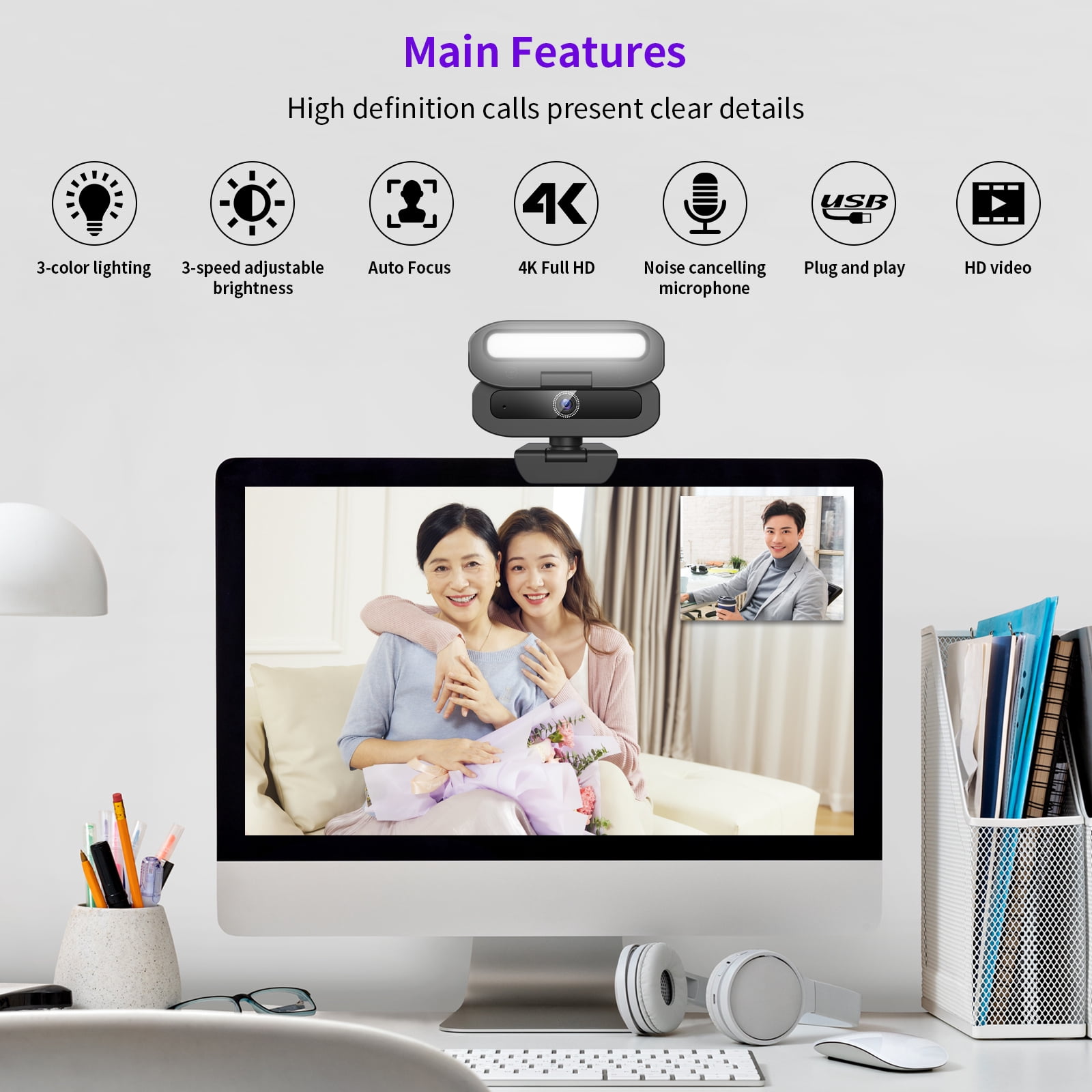 Webcam with Microphone, 4K USB Webcam for PC Desktop & Laptop, Ring Light and 3-Level Brightness, Computer Camera with Privacy Cover & Tripod Stand