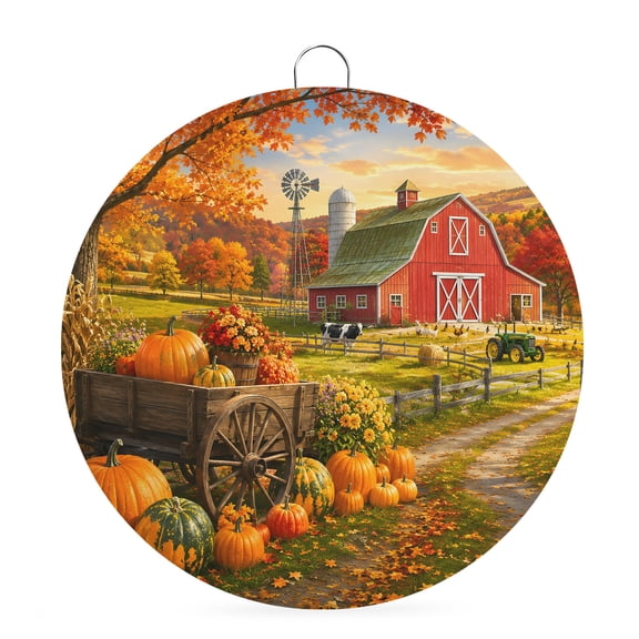 Welcome Sign for Front Door, Fall Pumpkins Round Metal Wall Art Wreaths, Thanksgiving Farmhouse Harvest Maple Leaves Outdoor Indoor Wall Hanging Sign for Porch Decor Housewarming Gifts 5.9 Inch