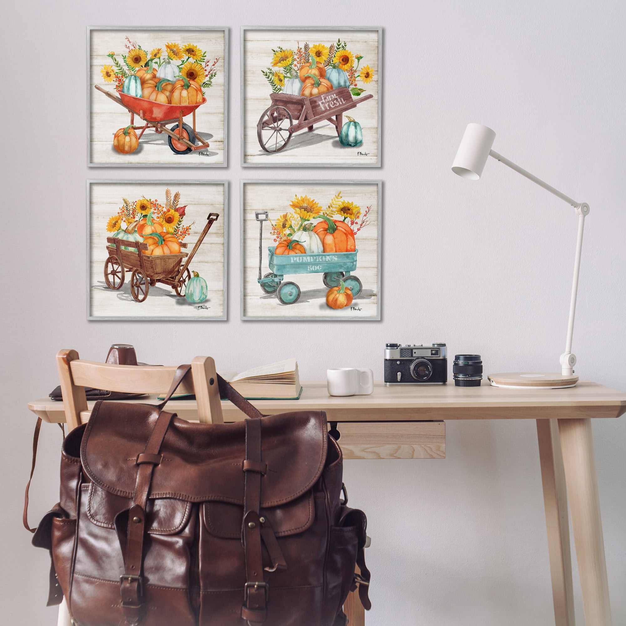 Stupell Industries Autumn Harvest Wagons Botanical & Floral Painting Gray Framed Art Prints Wall Art, 17 x 17, Set of 4