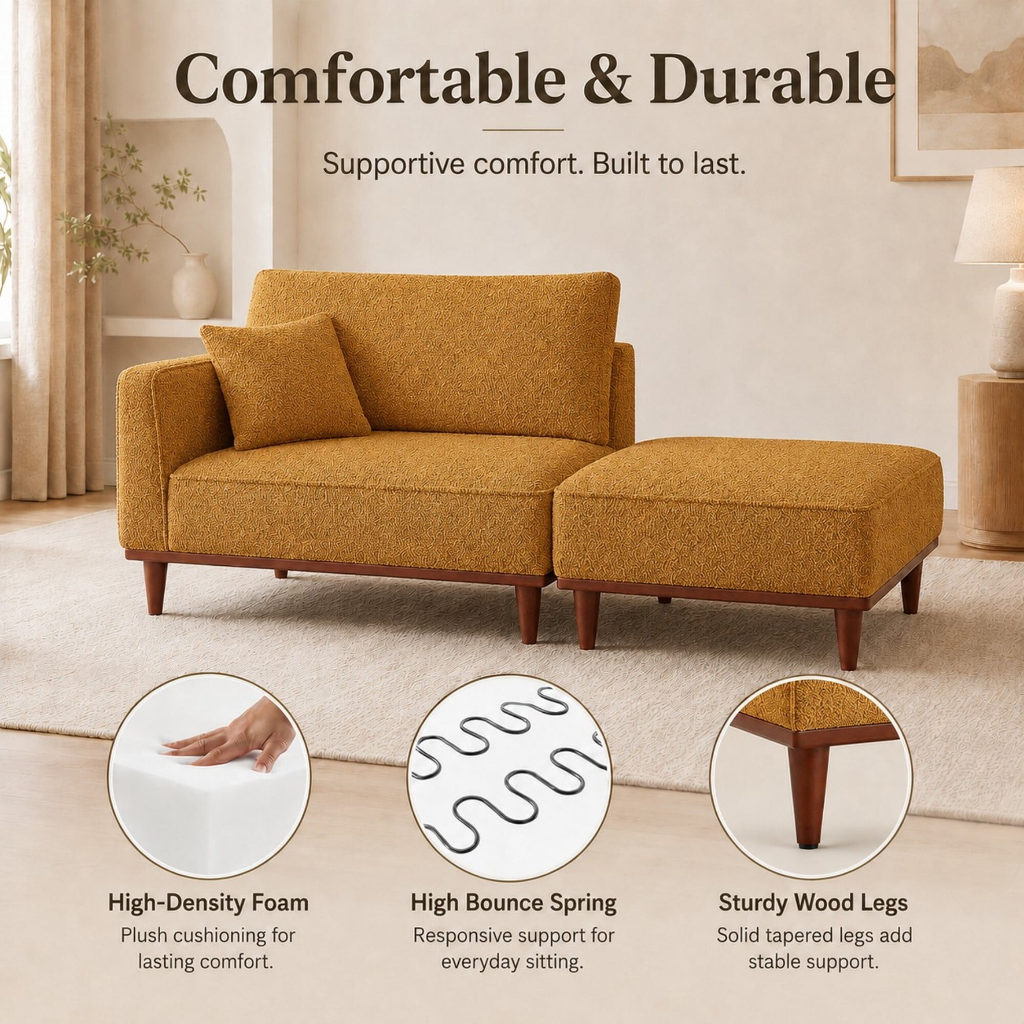 DEALTOPS Convertible Boucle Upholstered Chaise Lounge Chair with Ottoman for Living Room Bedroom, Ginger