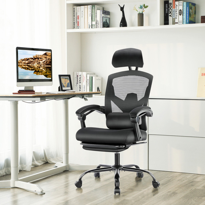 Ergonomic Office Chair with Footrest, Swivel Mesh Chair with Lumbar Support, Headrest and Flip-up Armrests for Home Office, Black