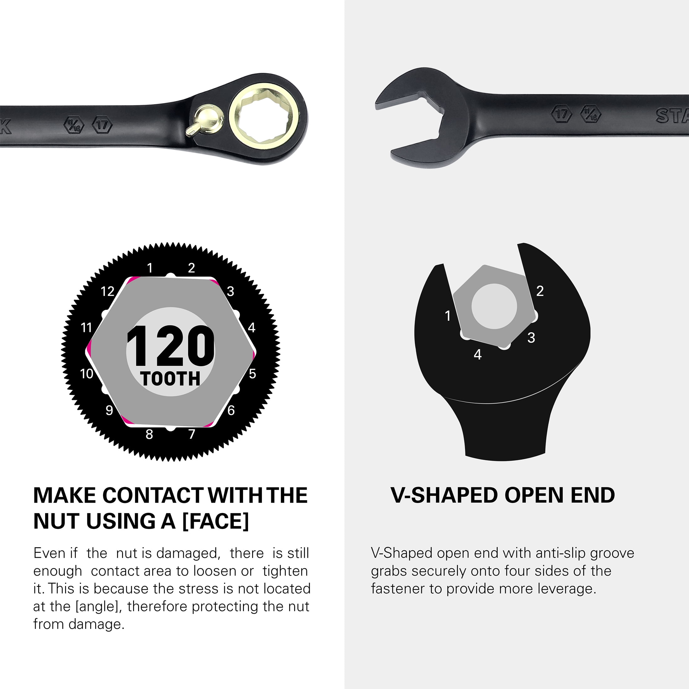 STARWORK TRUE MECHANIC™ 12Pc. 2-IN-1, 120T Reversible Ratcheting Wrench Set, Long Pattern, Professional, With Portable Roll-Up Pouch Bag