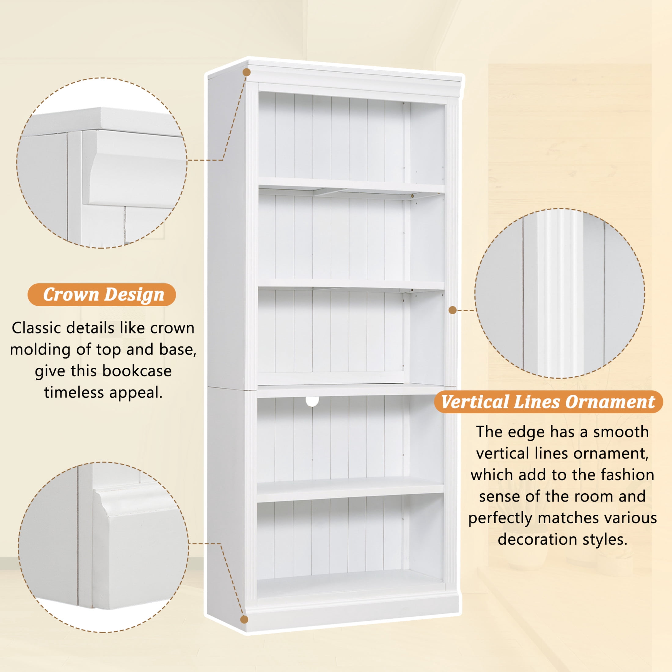 GDF Studio Halden 83.4" 5-Tier Bookcase with Adjustable Shelves & Cable Hole, Storage Bookshelf for Home Office, White, Set of 2