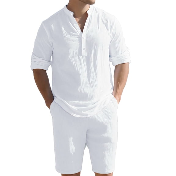 Amzcrzy Beach Outfits for Men 2026 Solid Color V Neck Henley Shirts for Men and Shorts Set Casual Long Sleeve 2 Piece Outfits for Men with Pockets Summer Vaction Lightweight Beachwear White L