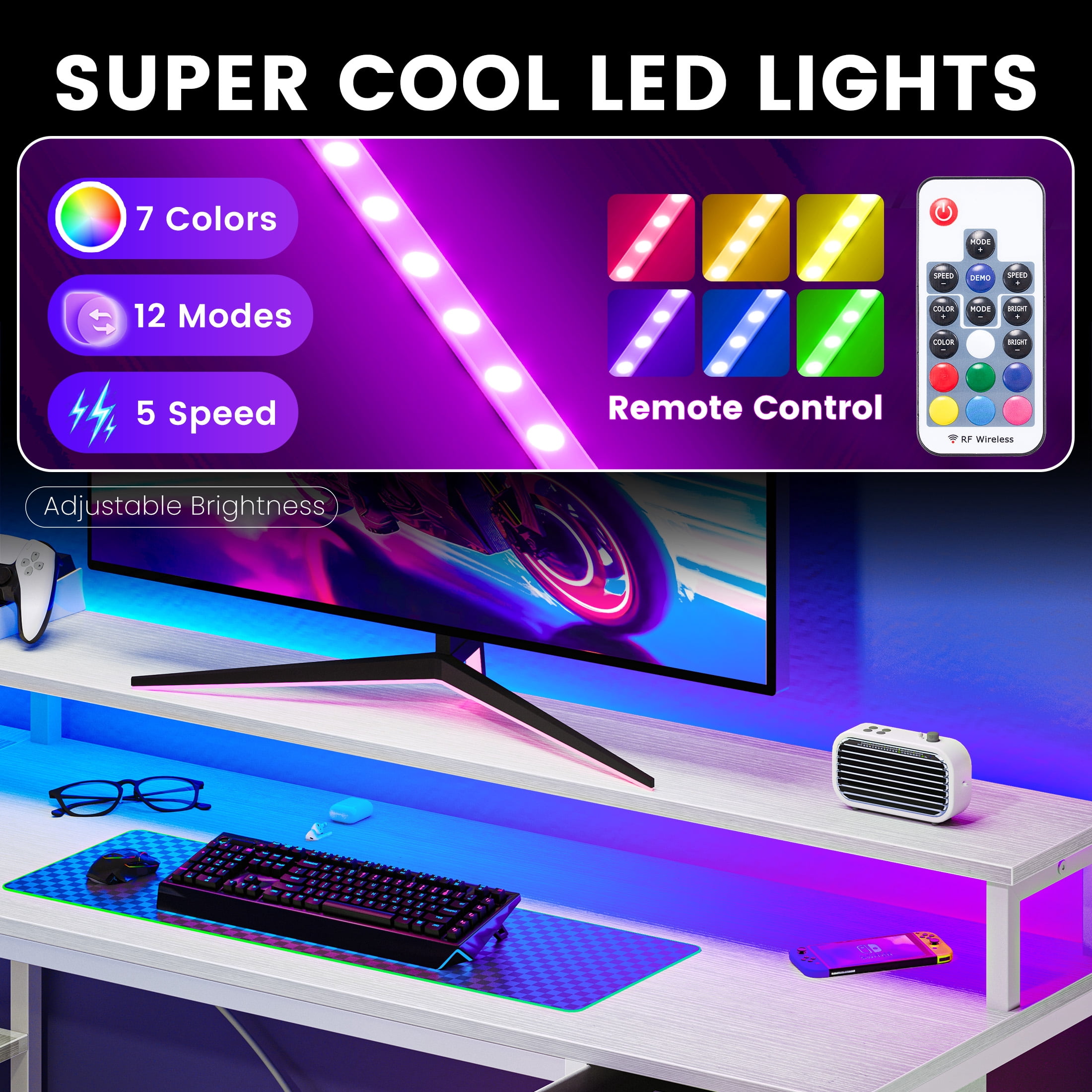 CONCETTA 47 inch L-Shaped Gaming Desk, Reversible Design with LED Lighting, Power Outlets and Double-Tier Storage, White for Home Office