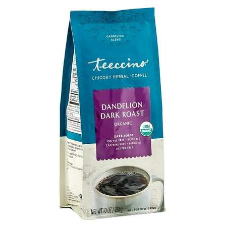 Teeccino Dandelion Dark Roast Herbal Coffee, 10 oz - Coffee Alternative with Prebiotics