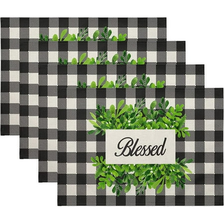 

SPXUBZ Placemats Black and White Buffalo Plaid Green Eucalyptus Blessed 18x12 Inch Placemats for Family Table Holiday Decorating Placemats Set of 4