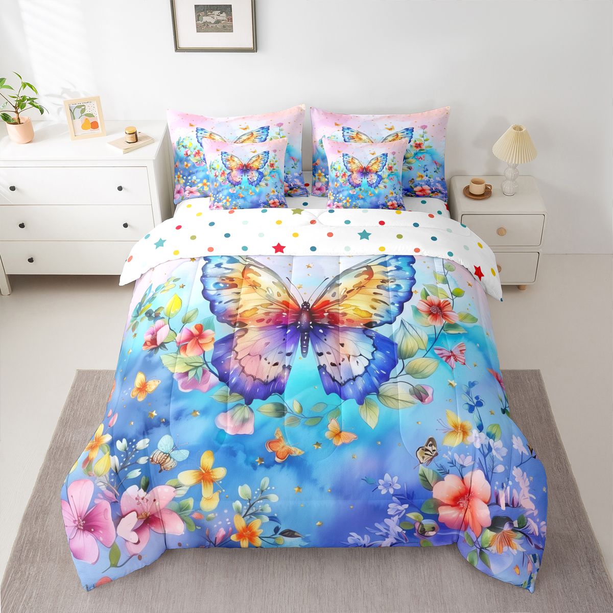 Homewish Cartoon Butterflies 7pcs Bedding Comforter Set,Rustic Plant Flowers Queen Bedding Sets,Blue Pink Queen Sheet Sets For Girl Teens,Breathable Home Decor Reversible