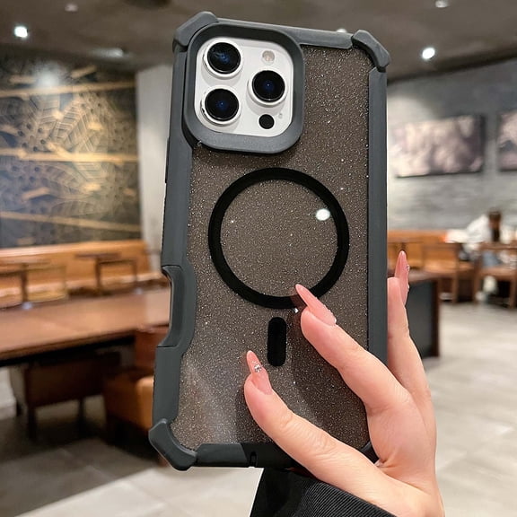 TECH CIRCLE for iPhone 16 Plus PC TPU Case, Sparkly Glitter Bling Back Cover, Magnetic Support for MagSafe Shockproof Cover, Crystal and Corner High-Duty Protection for Girls Women,Black