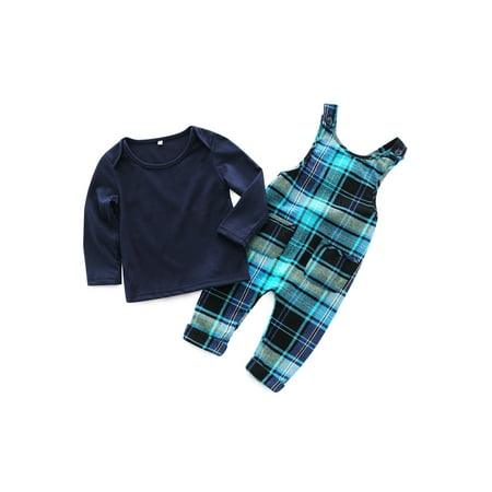 

Licupiee Toddler Baby Boys Fall Outfits Crew Neck Long Sleeve T-Shirt Tops Plaid Suspender Pants Overalls 2Pcs Clothes Set