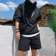 thumbnail image 4 of Xioeram 2Pcs/Set Men Casual Outfit Hooded Zipper Neckline Short Sleeve T-shirt Elastic Waist Wide Leg Shorts Set Solid Color Loose Fit Outfit, 4 of 8