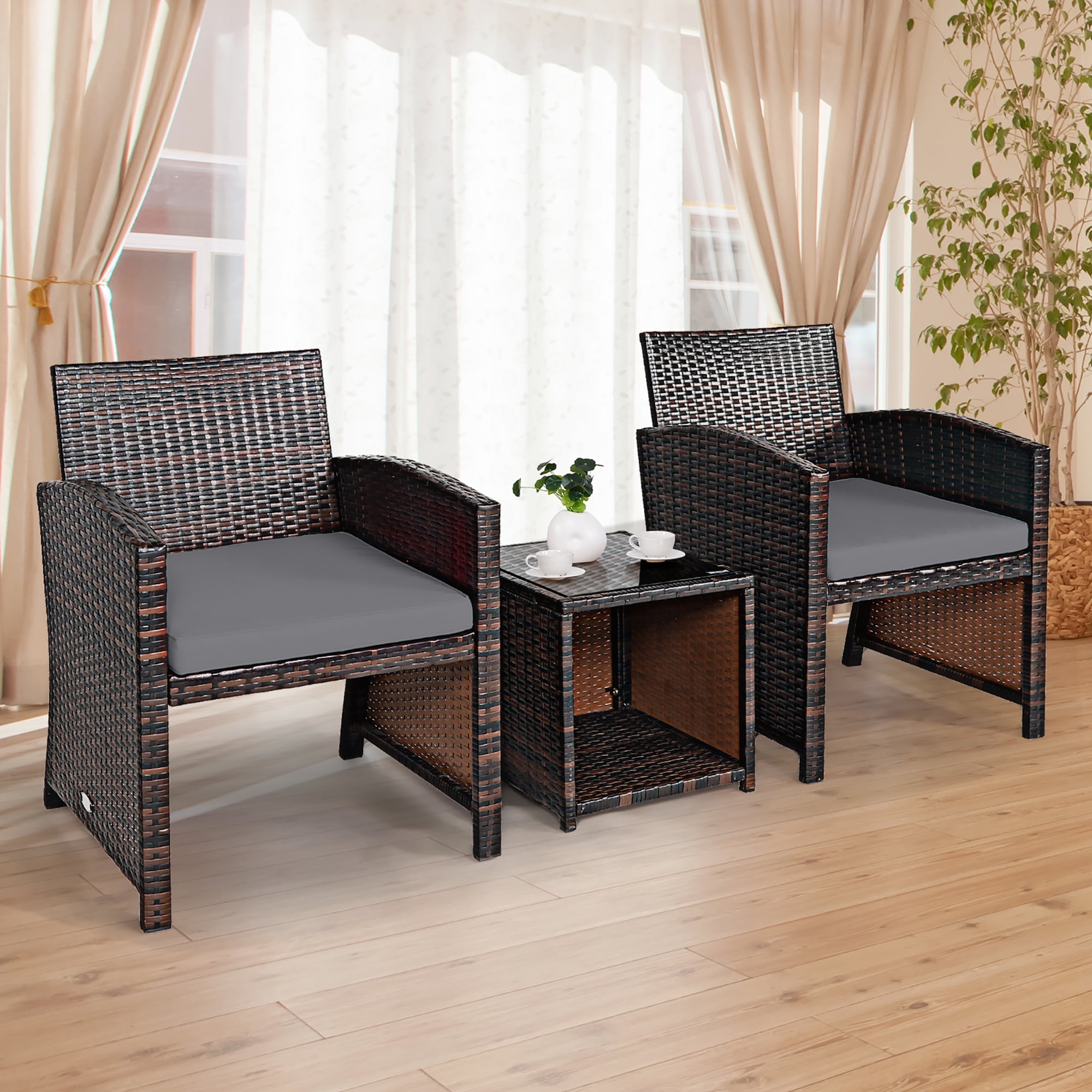 Costway 3PCS Patio Rattan Wicker Furniture Cushion Sofa Coffee Table Gray