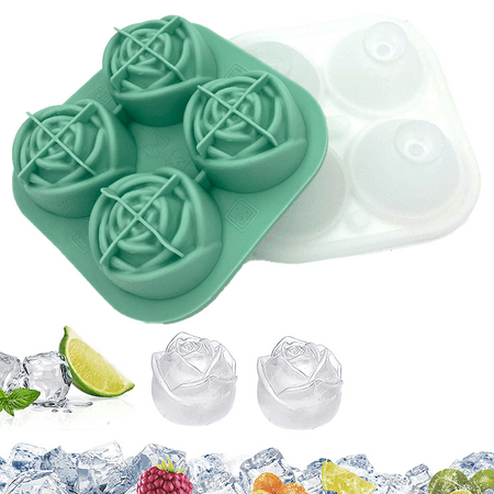 

3D Rose Ice Molds Make 4 Giant Cute Flower Shape Ice Silicone Rubber Fun Big Ice Ball Maker for Cocktails Juice Whiskey Bourbon Freezer Green