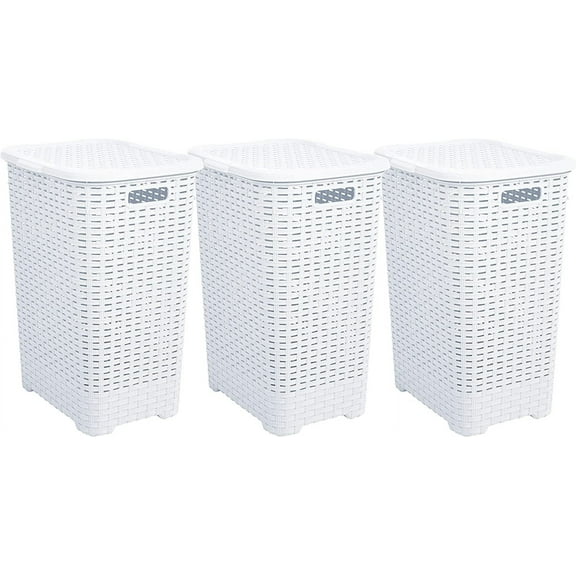 Superio 60L Large Wicker Plastic Laundry Hamper with Lid - White (3 Pack)