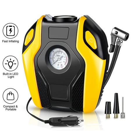 AUDEW Portable Electric Air Compressor Pump,Tire Inflator with Gauge,LED Light and Adaptors,Universal for Car, Truck, Bicycle, Basketballs and Other Inflatables,ABS 12V 120W (Best Portable Air Inflator)