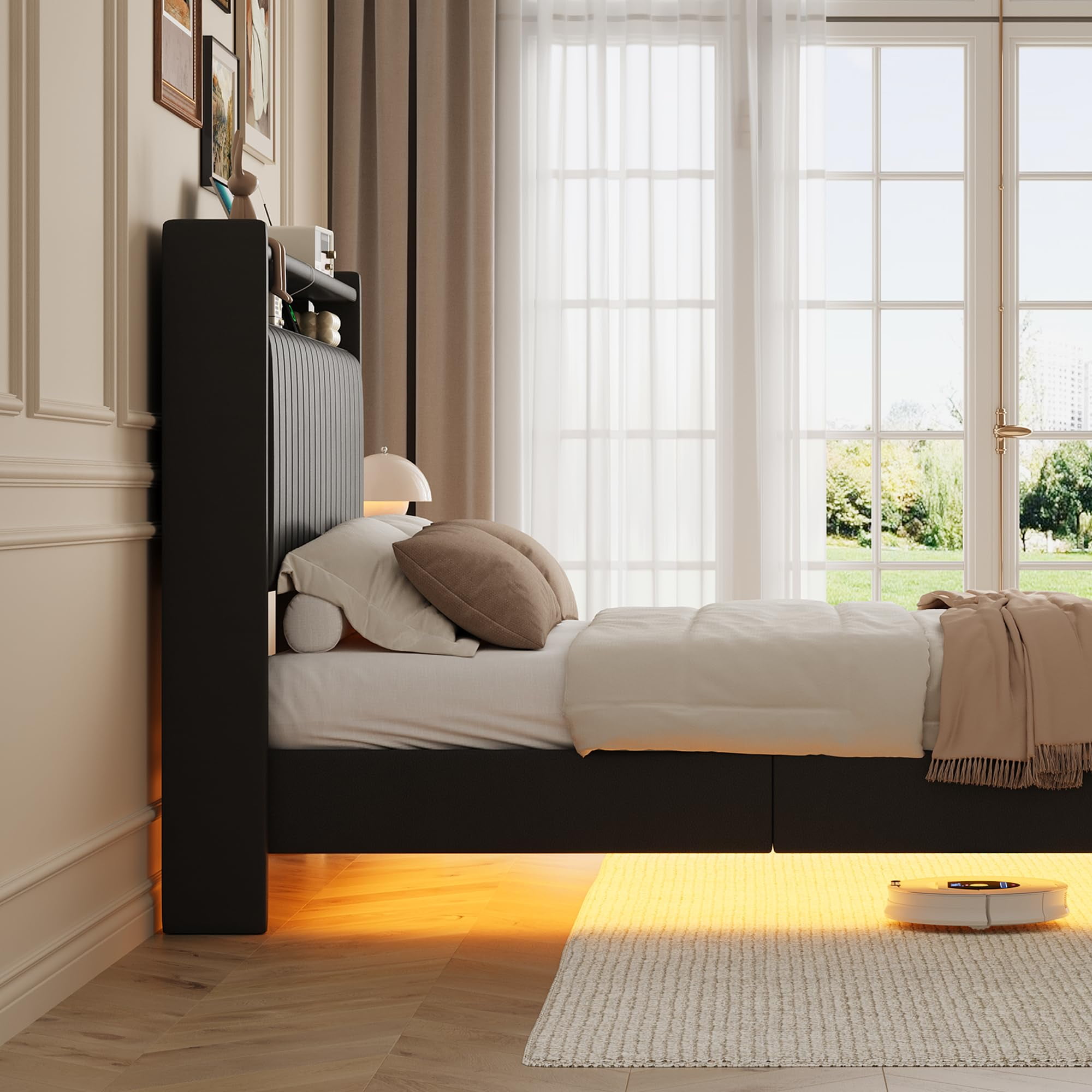 Towallmark Queen Size Floating Bed Frame with LED Lights & Charging Station,Upholstered Leather Platform Bed Frame with Headboard,50" Tall Floating Bed with Stable Structure,Black