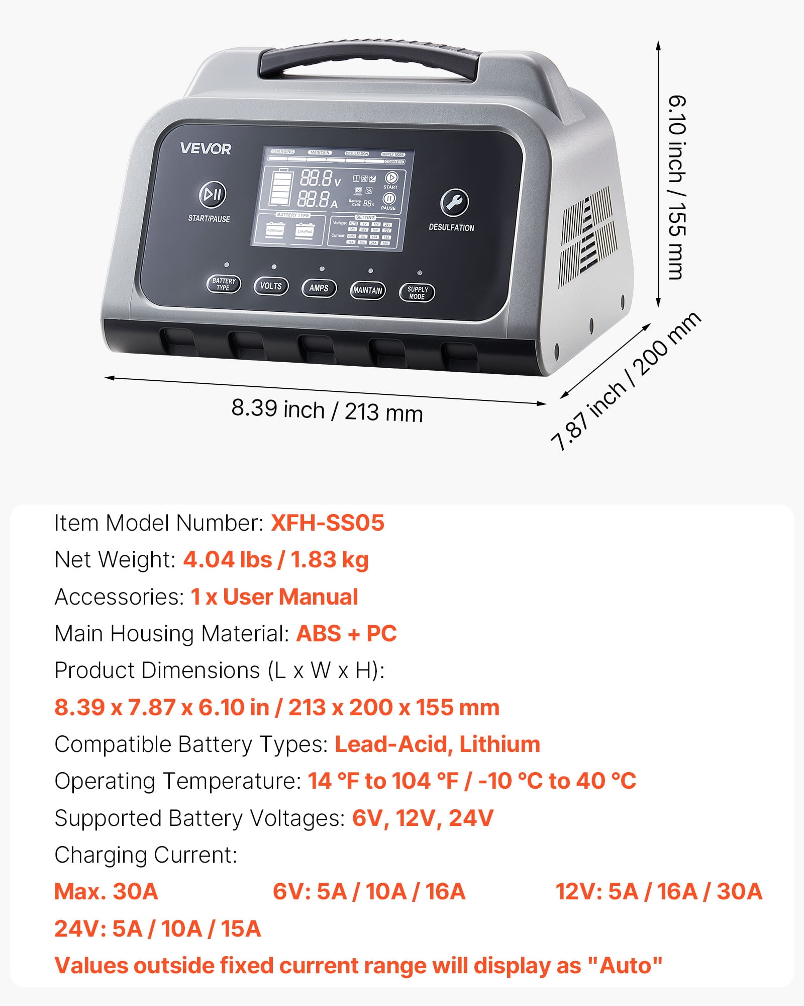 VEVOR Smart Battery Charger, 30A, 6V 12V 24V LiFePO4 Lead-Acid (Gel/AGM) Lithium Car Battery Charger, with LCD Display, Trickle Charging Maintainer Desulfator, for Car, Boat, Motorcycle, Lawn Mowers