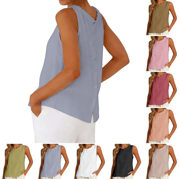 WHEANG Womens Solid Color Cotton Linen Sleeveless Top Back Button Reversible Blouse Summer Tank Tops Pleated Crewneck Casual Loose Blouses Business Work Shirts Size XL Purple
