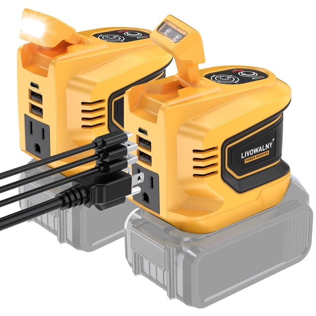 LIVOWALNY 2 Packs Power Inverter Compatible with Dewalt 20V Battery, 200W Inverter 20V to 110V-120V, Portable Adapter Charger Adapter Power Supply wit