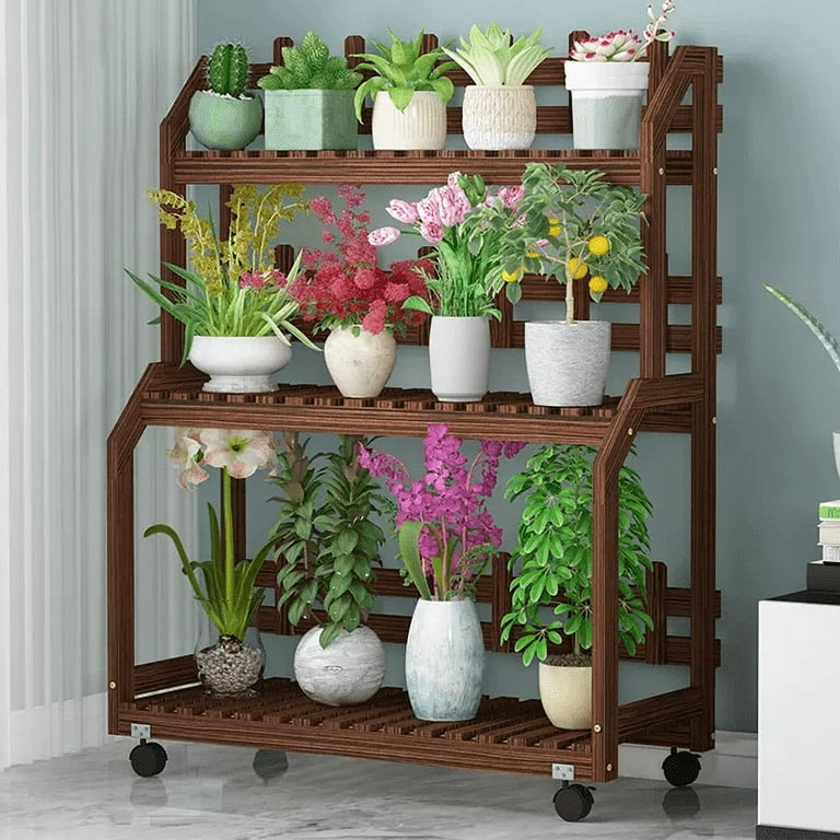 Magshion Rolling Flower Rack Wood Plant Stand with Wheels 3 Tier Bonsai Display Shelf Indoor Outdoor Yard Garden Patio Balcony Storage Rack Bookshelf