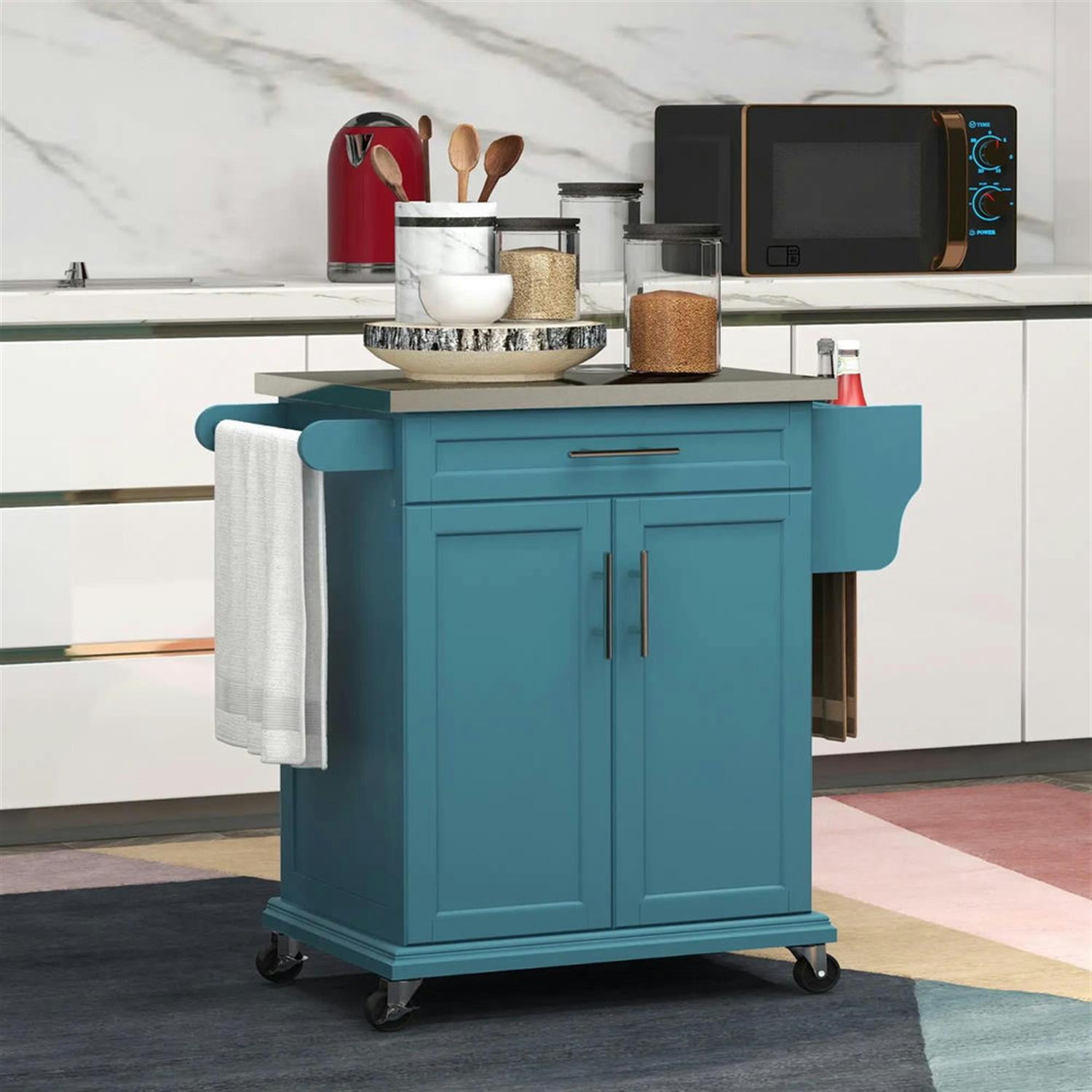 Demi Bonn 35" Kitchen Island Cart on Wheels with Stainless Steel Top, Rolling Dining Room Serving Utility Carts Mobile Movable with Towel Rack, Blue
