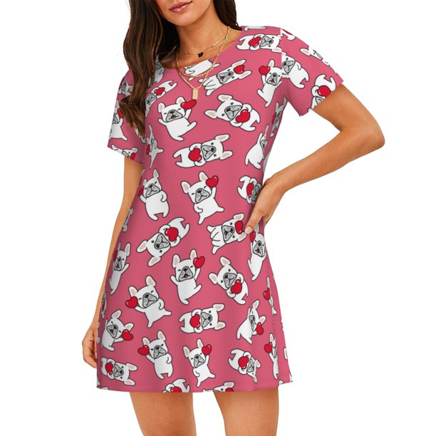 Fotbe French Bulldog And Heart Bata de Dormir para Mujer con Estampado, Camisón de Algodón de Manga Corta, Ropa de Dormir Casual