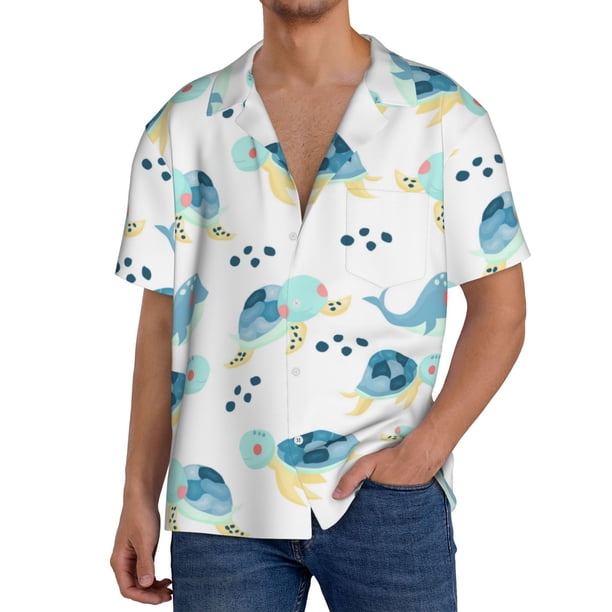 Fotbe Sea Turtle Camisa Estampada de Manga Corta para Hombre, Casual de Verano, Estilo Playero, Sin Arrugas-Large