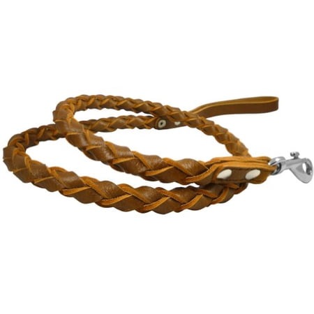 4-thong Round Fully Braided Genuine Leather Dog Leash 4 Ft Long Brown Large Breeds