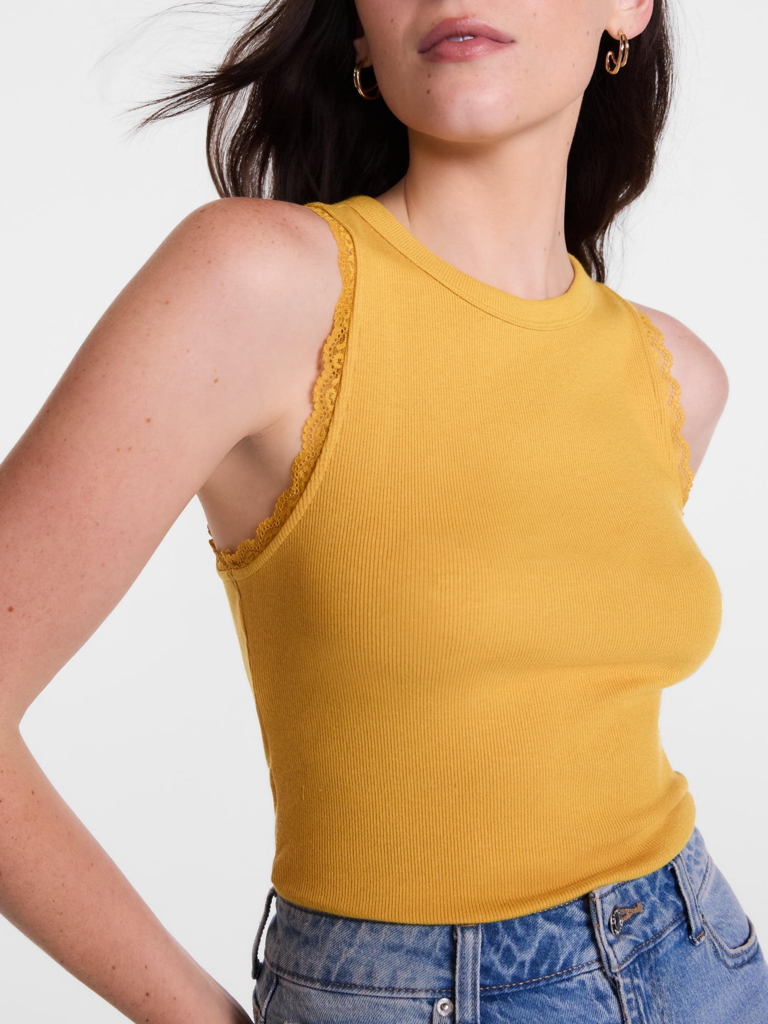 Scenario Women's Ribbed Tank Top with Lace Trim, Sizes XS-XXXL