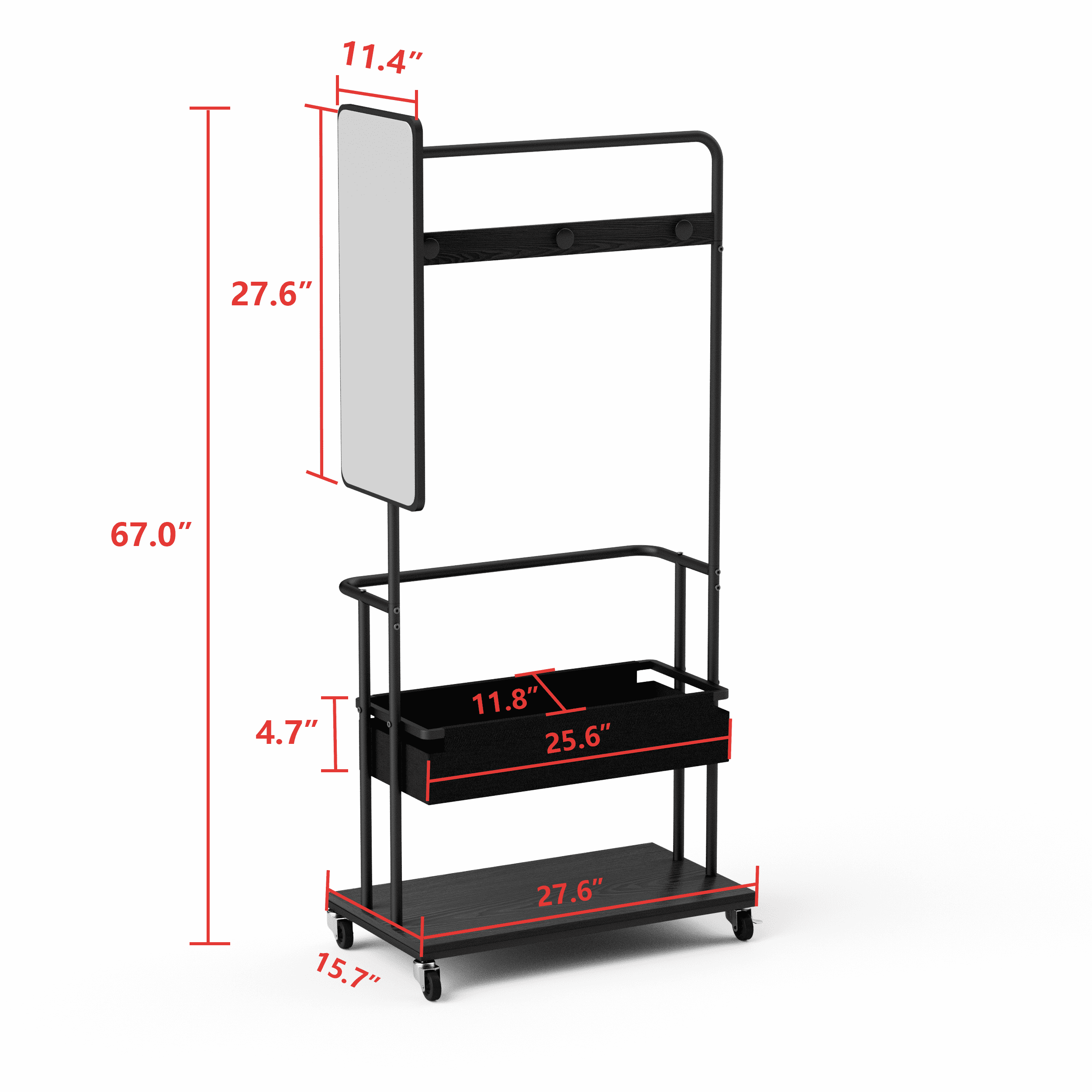 Sturdy metal coat rack with casters, 3-in-1 design, includes a basket and mirror, hanging coat rack, mobile coat rack with casters, large storage capacity, Black, 27.6″L x15.7"W x 67.0"H