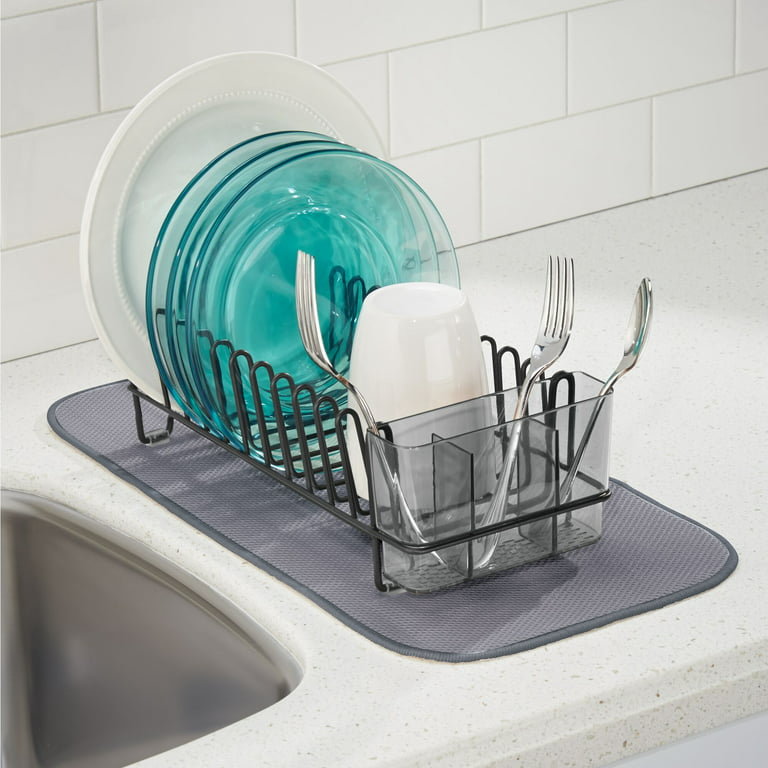 mDesign Steel Compact Modern Dish Drying Rack w/ Cutlery Tray