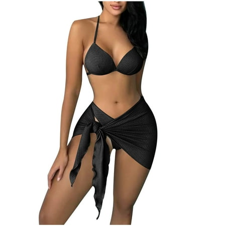 Hicidod 3 Piece Swimsuits for Women Sexy Thong Bikini Sets Bottoms Halter Triangle Bathing Suits with Knot Front Cover Up Skirt Deals
