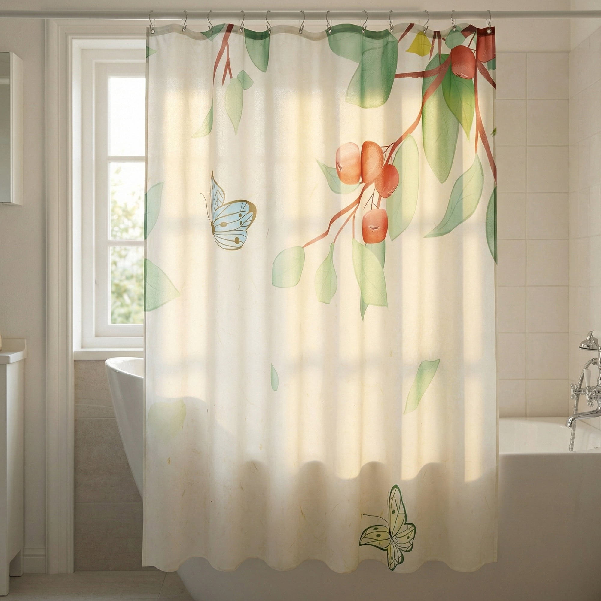 Unique Bargains Cute Print Shower Curtain Sets with Hooks Green Leaves 71"W x 71"L