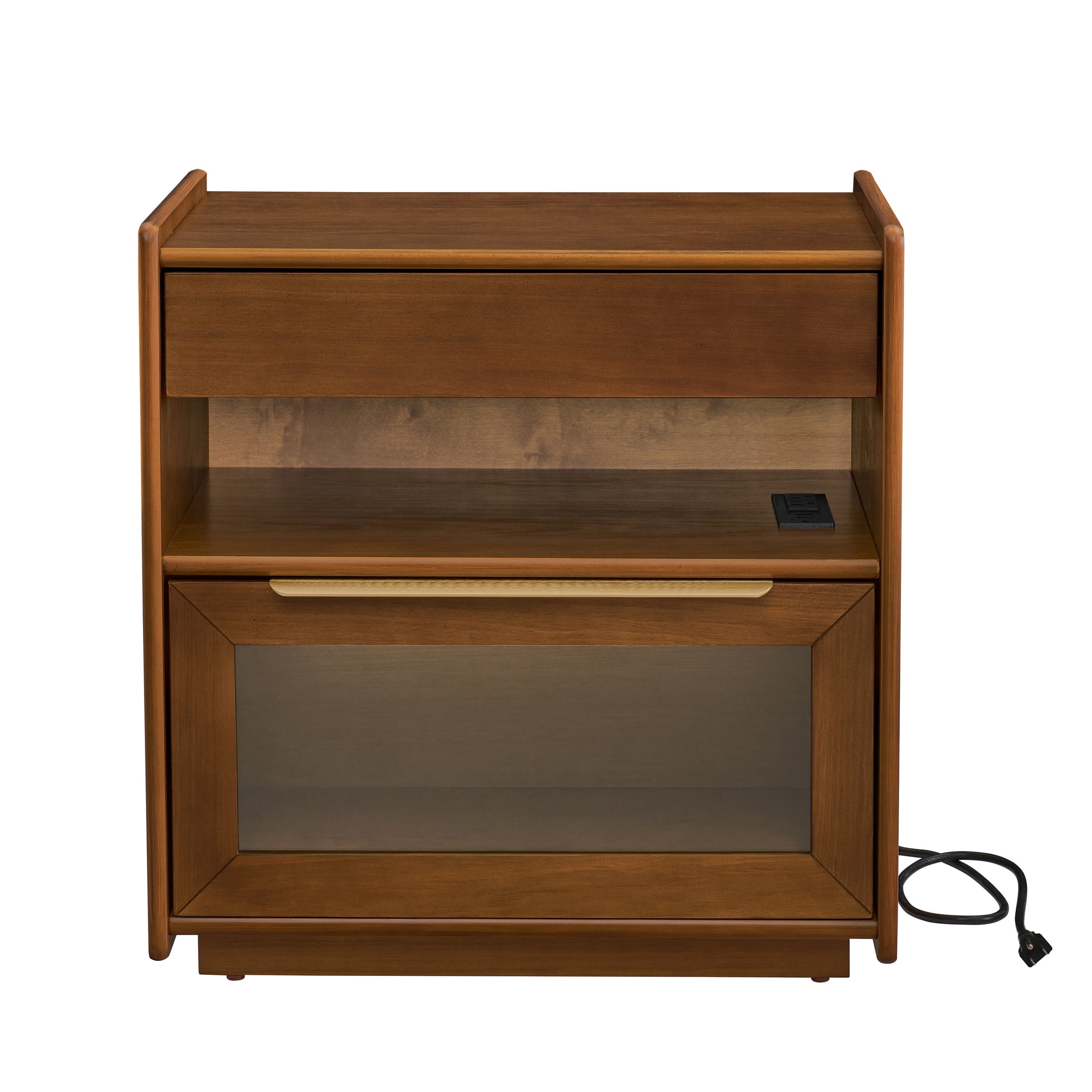 Noble House Mid-Century Nightstand with Charging Station,  Glass Detail & Open Shelf, Farmhouse End Table, Dark Walnut