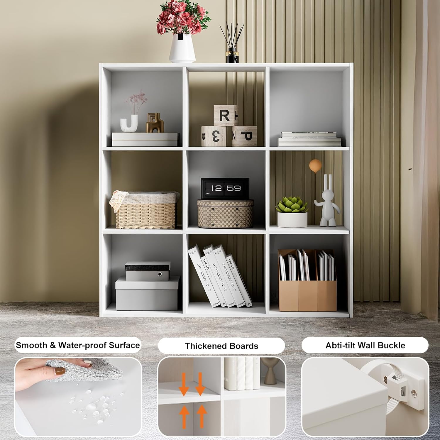 White Cube Storage Unit, 3-tier Bookcase with 9 Cube Storage Unit, Open Display Bookcase with Removable Back Panels for Living Room, Home Office, Bedroom