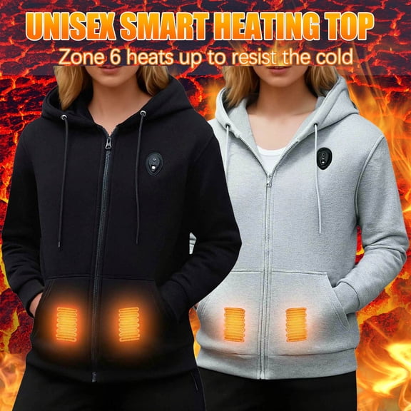 Hueook Heated Jacket Women Women's Solid Color Long Sleeved Jackets Double Pocket Zipper Hooded Casual Outwear Gray 5X