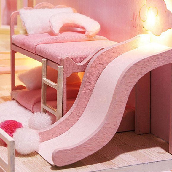 Langgg DIY Wooden Dollhouse Miniature LED Light Furniture Doll House Home Decor