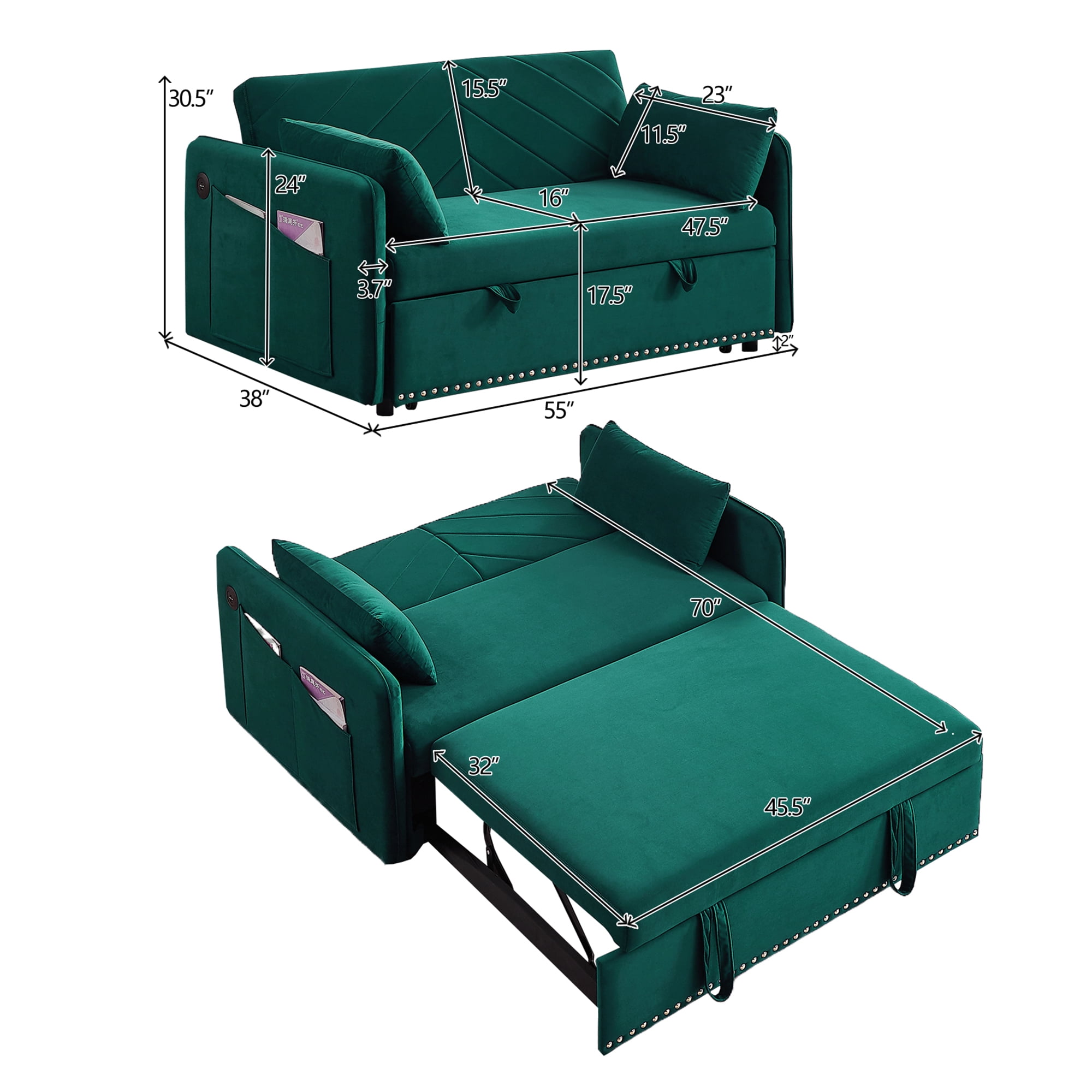 55" Convertible Sleeper Sofa Bed,3 in 1 Convertible Sleeper Loveseat with USB Ports,Modern Velvet Pull Out Sofa Bed with 2 Pillows and Rivet Design for Living Room Furniture,Green