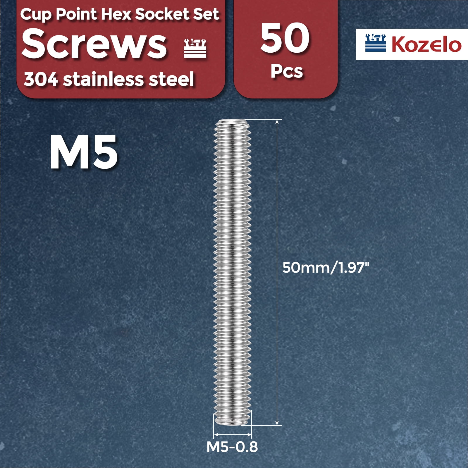 Uxcell 50pcs Cup Point Hex Socket Set Screws - [M5-0.8x50mm] 18-8 Stainless Steel Headless Allen Head Grub Set Screw with Hex Key Wrench for Door Handles, Bathroom Fixture & Towel Rack
