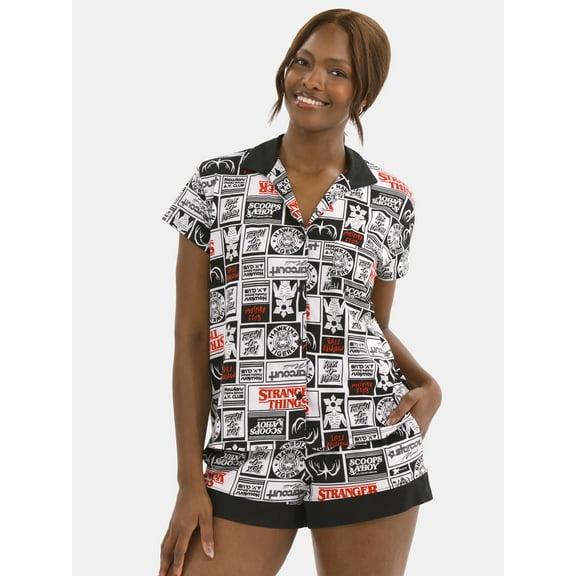 Netflix Stranger Things Women's Printed Notched Top and Shorts Pajama Set, 2-Piece, Sizes XS-3X