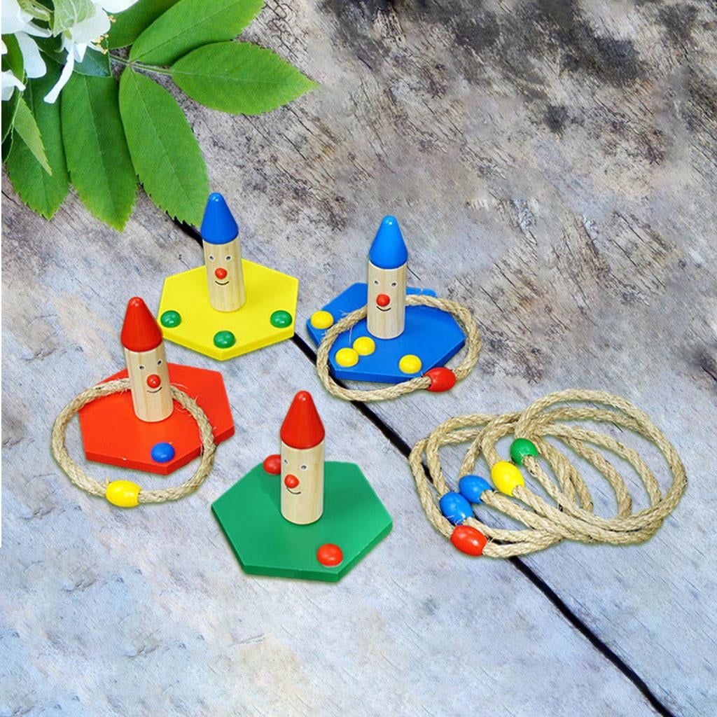 LeeQinersw Wooden Hoop Ring Toss with 4 Pillar & 8 Rings Garden BackYard Game Outdoor Toys