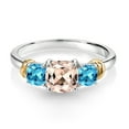 thumbnail image 2 of Gem Stone King 925 Sterling Silver and 10K Yellow Gold Peach Morganite and Swiss Blue Topaz 3 Stone Engagement Ring for Women (1.54 Cttw, Cushion Cut 6MM and 4MM, Available in Size 5, 6, 7, 8, 9), 2 of 4